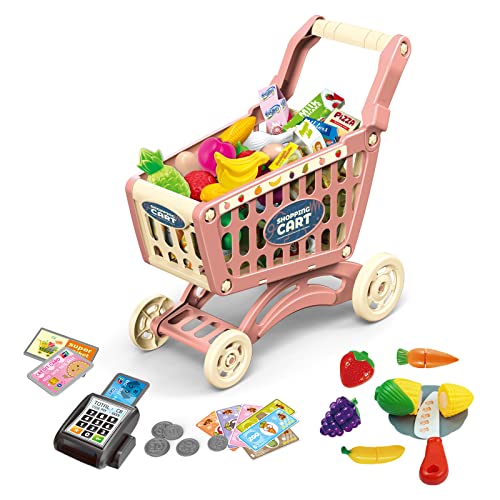 RedCrab Einkaufswagen für Kinder, 64 Stück Kaufladen Einkaufswagen Zubehör Set, Übergröße Rollenspiel Trolley Cart Spielset Lernspielzeug Geschenk für Kinder ab 3+ Jahren Junge Mädchen(Rosa,64pcs) von RedCrab