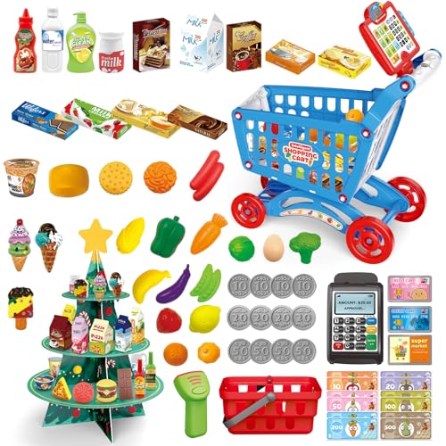 RedCrab Kinder Einkaufswagen Wagen mit Kinderkasse und Weihnachtsbaum-Regal, 84Pcs Kaufmannsladen Spielset: Obst, Gemüse, Lebensmittel, Eiscreme und Geld Spielen Rollenspiel ab 3 Jahren(Blau) von RedCrab