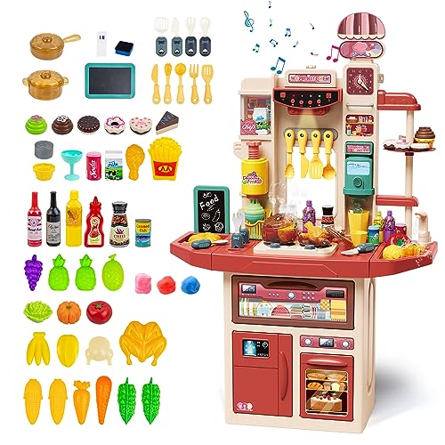 RedCrab Kinderküche Spielküche Küchenset, 110cm Kinderspielküche mit Spüle Herd Kochgeschirr Kühlschrank Öfen, 88 Küchenzubehör mit Dampf-Effekt und Licht & Sound Küchenspielset für Kinder (Rot) von RedCrab