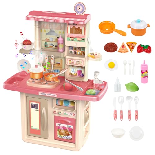 RedCrab Kinderküche Spielküche mit 56 Zubehör, Kinderspielküche mit Spüle Herd Kühlschrank Öfen, 86cm Hoch Küchenspielzeug für Kinder Jungen und Mädchen ab 3 Jahre(Rosa) von RedCrab