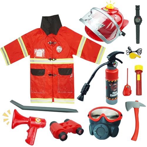 RedCrab Kostüm Feuerwehrmann Kinder 12 Teiliges Feuerwehrmann Kostüm Kinder mit Feuerlöscher Komplettes Zubehör Geschenke Feuerwehr Kostüm Kinder Passend für für 3 4 5 6 7 8 9 10 Jahren von RedCrab