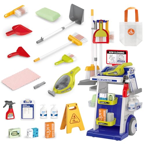 RedCrab Putzset für Kinder, 23Pcs Schaufel und Besen Set Kinder Putzwagen Spielzeug mit Staubsauger, Bürsten und Kehrschaufel, Haushaltsreinigung Rollenspiel Spielzeug(Blau) von RedCrab