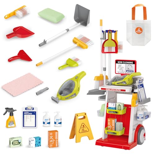 RedCrab Putzset für Kinder, 23Pcs Schaufel und Besen Set Kinder Putzwagen Spielzeug mit Staubsauger, Bürsten und Kehrschaufel, Haushaltsreinigung Rollenspiel Spielzeug (Rot) von RedCrab