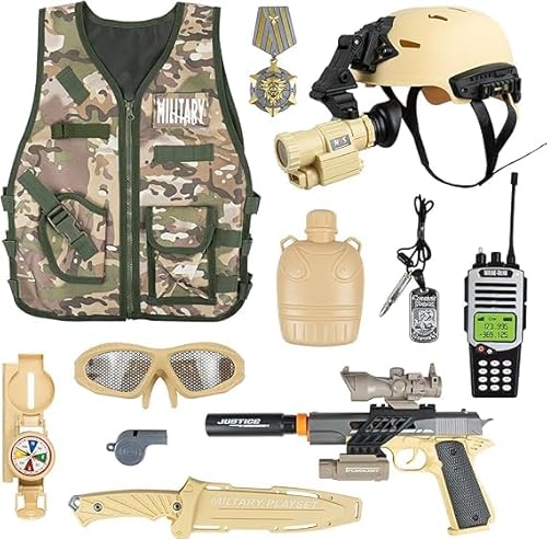 RedCrab Soldat Kostüm Kinder, 12stk. Militär Kostüm Kinder Armeespielzeug Militär Ausrüstung mit Walkie-Talkie, Militärweste und Helm, Rollenspiel Karneval Kostüm Kinder Jungen Geschenke von RedCrab