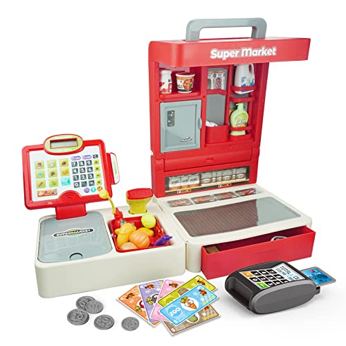 RedCrab Spielzeug Kasse Kinder, Supermarktkasse Spielkasse Rollenspielzeug Kasse mit Rechnerfunktion, Scanner und Lebensmittel, Faltbar Kasse Spielset für Kinder ab 3 Jahre Mädchen und Jungen(Rot) von RedCrab