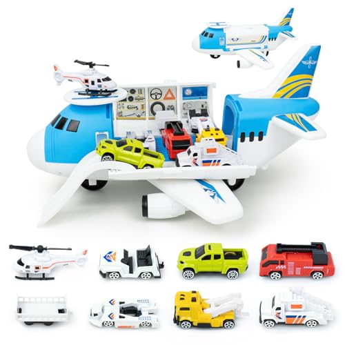 RedCrab Flugzeug Spielset, Transport Flugzeug Spielzeug mit Auto Helikopter und Rampe, Kinder Fahrzeuge Lernspielzeug Spielzeugauto Set Geschenk für Kinder Spielzeug ab 3 Jahre von RedCrab