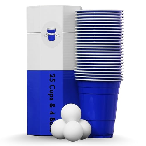 RedCupShop® Blue Cups | 25 Blaue Partybecher & 4 Bälle | Spülmaschinenfest & Wiederverwendbar | 473ml Becher | Ideal für Blue Cup Party, Beer Pong, Becherspiel & Events von RedCupShop