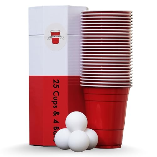 RedCupShop® Red Cups | 25 Rote Beer Pong Becher & 4 Bälle | Spülmaschinenfest & Wiederverwendbar | 473ml Plastikbecher | Kultige redcups für Partys, Geburtstag & Beer Pong von RedCupShop