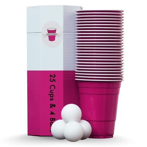 RedCupShop® Bierpong Becher Set | 25 Pink Cups & 4 Bälle | Spülmaschinenfest & Wiederverwendbar | 473ml/16oz pinke Partybecher von RedCupShop