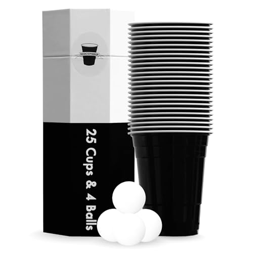RedCupShop® Bierpong Becher Set Schwarz | 25 Becher & 4 Bälle | Spülmaschinenfest & Wiederverwendbar | 473ml Hartplastik | BPA-frei | Beer Pong Set für Party, Festival & Trinkspiele von RedCupShop