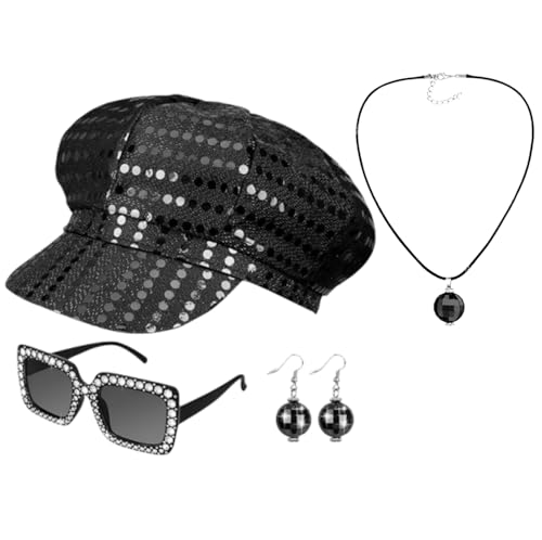 RedFlameDS 4 Stück 70er Jahre Paillettenhut Abba Hut Abba Zubehör 70er Jahre Disco Kostüm Zubehör Set Disco Verkleidung Kit für Frauen Retro 70 80 Mottoparty Geburt (schwarz) von RedFlameDS