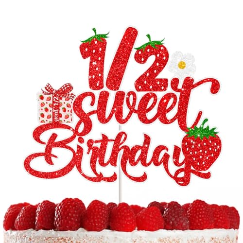 Erdbeer-Kuchendekorationen, Baby's erster Geburtstag, rot glitzernd, Partyzubehör für Jungen und Mädchen, Erdbeere, knackige Kuchendekoration, Erdbeere, Babyparty-Dekorideen von RedLeLe
