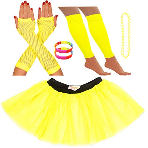 Redstar Fancy Dress® - Tutu-Röckchen, Beinstulpen, Netzhandschuhe, Perlenkette und breite Gummiarmbänder - Neonfarben - Gelb - 36-40 von Redstar Fancy Dress
