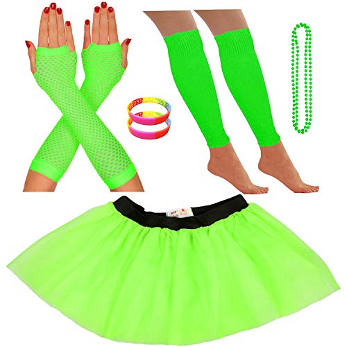 Redstar Fancy Dress® - Tutu-Röckchen, Beinstulpen, Netzhandschuhe, Perlenkette und breite Gummiarmbänder - Neonfarben - Grün - 36-40 von Redstar Fancy Dress