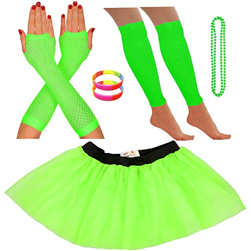 REDSTAR Fancy Dress® - Tutu-Röckchen, Beinstulpen, Netzhandschuhe, Perlenkette und breite Gummiarmbänder - Neonfarben - Grün - 40-48 von REDSTAR FANCY DRESS