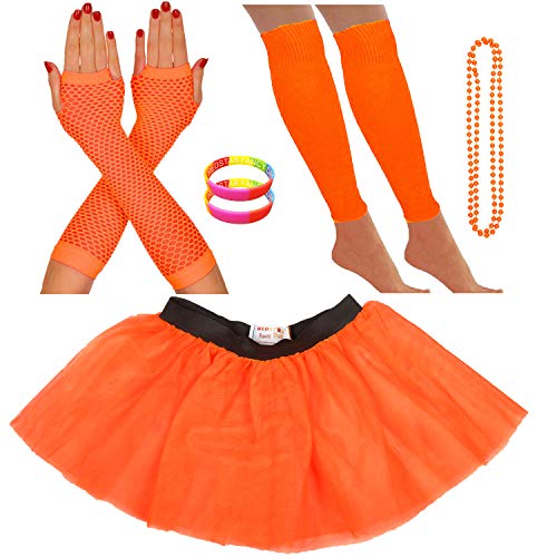 Redstar Fancy Dress® - Tutu-Röckchen, Beinstulpen, Netzhandschuhe, Perlenkette und breite Gummiarmbänder - Neonfarben - Orange - 42-50 von Redstar Fancy Dress