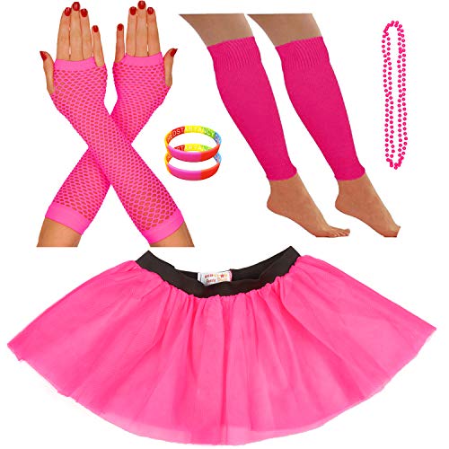 REDSTAR Fancy Dress® - Tutu-Röckchen, Beinstulpen, Netzhandschuhe, Perlenkette und breite Gummiarmbänder - Neonfarben - Pink - 40-48 von REDSTAR FANCY DRESS