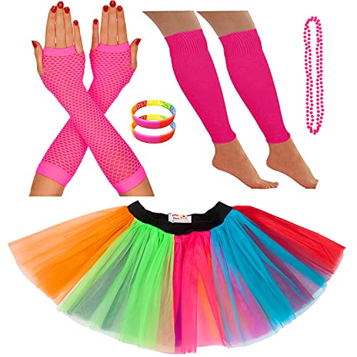 REDSTAR FANCY DRESS® - Tutu-Röckchen, Beinstulpen, Netzhandschuhe, Perlenkette und breite Gummiarmbänder - Neonfarben - Regenbogen - 32-38 von REDSTAR FANCY DRESS