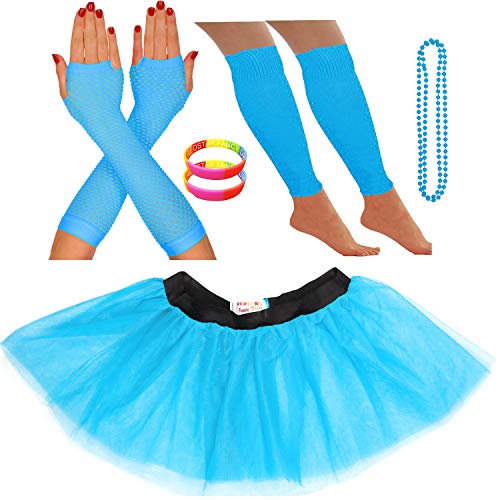 REDSTAR FANCY DRESS® - Tutu-Röckchen, Beinstulpen, Netzhandschuhe, Perlenkette und breite Gummiarmbänder - Neonfarben - Türkis - 40-48 von REDSTAR FANCY DRESS