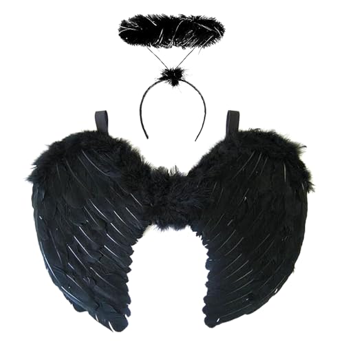 REDSTAR FANCY DRESS Schwarz Engelsflügel und Heiligenschein Schwarz - Halloween Kostüm Damen - Engelsflügel und Schwarzer Heiligenschein Set - Perfekt als Karneval Kostüm Damen von REDSTAR FANCY DRESS