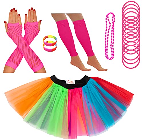 REDSTAR FANCY DRESS - Tutu-Röckchen, Beinstulpen, Netzhandschuhe, Perlenkette, schmale Gummiarmbänder und breite Armbänder - Neonfarben - Regenbogen - 40-48 von REDSTAR FANCY DRESS