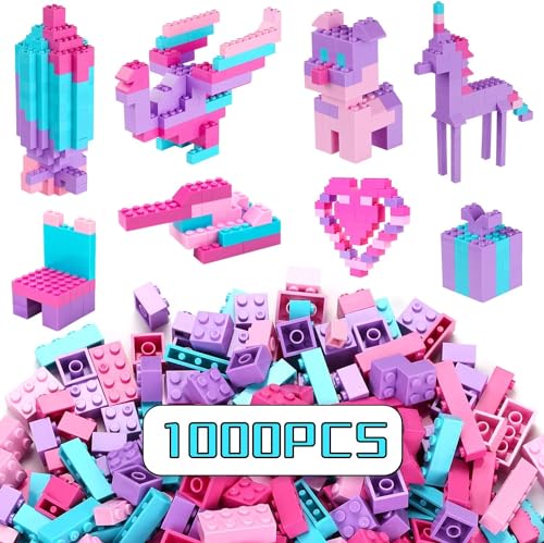 Reenwee Bauklötze 1000PCS Set, rosa Bauklötze Spielzeug für Mädchen, kompatibel mit Allen großen Marken, Mädchen Klassische Pastell Bauklötze, Geburtstagsgeschenk für Kinder (Rosa-1000PCS) von Reenwee