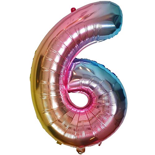 DIWULI Luftballon 6 Geburtstag XL Rosa Regenbogen - Folienballon 6, Zahl 6 Ballon 6 Jahre, Geburtstagsdeko 6. Geburtstag Party-Deko Junge Mädchen, Zahlen-Ballon Groß Dekoration, Zahlen-Luftballon von DIWULI