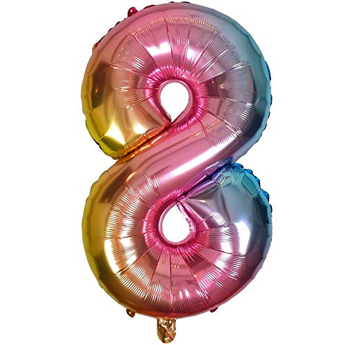 DIWULI Luftballon 8 Geburtstag XL Rosa Regenbogen - Folienballon 8, Zahl 8 Ballon 8 Jahre, Geburtstagsdeko 8. Geburtstag Party-Deko Junge Mädchen, Zahlen-Ballon Groß Dekoration, Zahlen-Luftballon von DIWULI