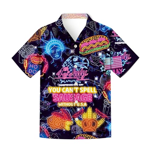 Regenboog Herren-Neonhemd, Hawaii-Hemd, lässig, Knopfleiste, kurzärmelig, lustig, 3D-Druck, Strandparty, Neon-Top, Hot Dog, Größe M von Regenboog