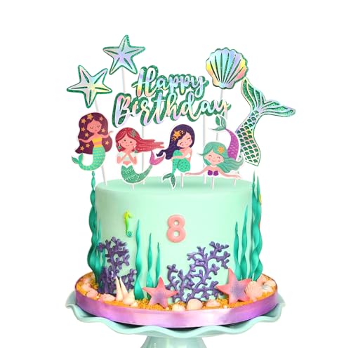 Regendeko Happy Birthday Glizer Meerjungfrau Tortendeko Geburtstag Mädchen Tortenaufleger Kuchendeko Meerjungfrau Party Deko Kindergeburtstag (Grün) von Regendeko