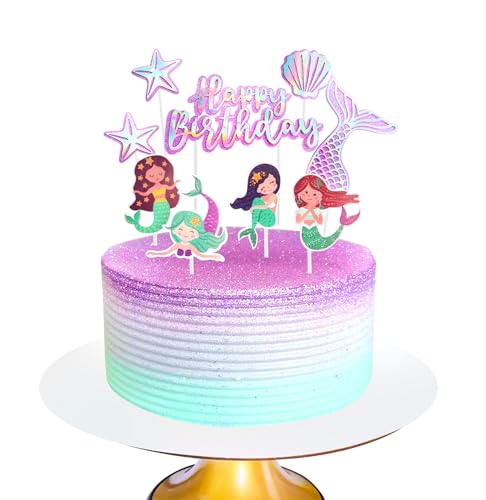Regendeko Happy Birthday Glizer Meerjungfrau Tortendeko Geburtstag Mädchen Meerjungfrau Tortenaufleger Kuchendeko Party Deko Kindergeburtstag (Violett) von Regendeko