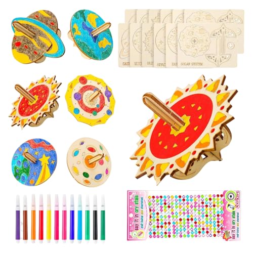 Holzkreisel Bausatz Kinder, Regerly 12 Stück Holzkreisel für Kinder Kreisel Aus Holz Zum Bemalen Und Basteln Planeten Kreisel Zum Bemalen für Jungen Mädchen 3-8 Jahre von Regerly