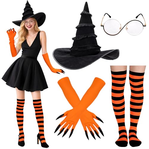 Regilt Hexenkostüm-Zubehör für Damen, böse Hexenhut, Brille, Handschuhe, Socken, Halloween, Cosplay, Party-Requisiten, Orange/Abendrot im Zickzackmuster (Sunset Chevron), Einheitsgröße von Regilt