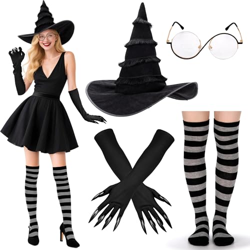 Regilt Hexenkostüm-Zubehör für Damen, böse Hexenhut, Brille, Handschuhe, Socken, Halloween, Cosplay, Party-Requisiten, Schwarz, Einheitsgröße Regilt Hexenkostüm-Zubehör für Damen, böse Hexenhut, Brille, Handschuhe, Socken, Halloween, Cosplay, Party-Requisiten, Schwarz, Einheitsgröße von Regilt