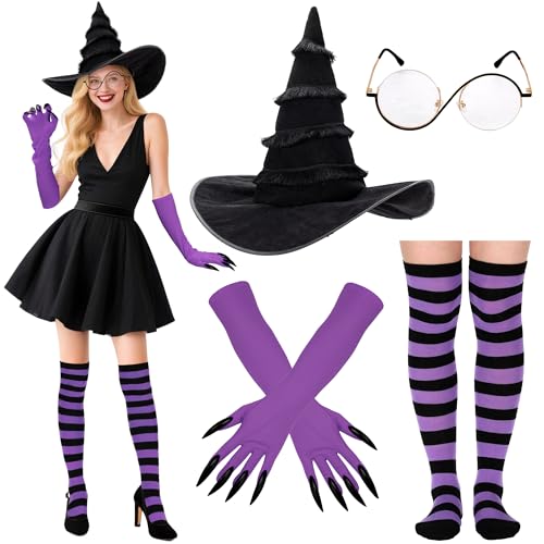 Regilt Hexenkostüm-Zubehör für Damen, böse Hexenhut, Brille, Handschuhe, Socken, Halloween, Cosplay, Party-Requisiten, Violett, Einheitsgröße Regilt Hexenkostüm-Zubehör für Damen, böse Hexenhut, Brille, Handschuhe, Socken, Halloween, Cosplay, Party-Requisiten, Violett, Einheitsgröße von Regilt