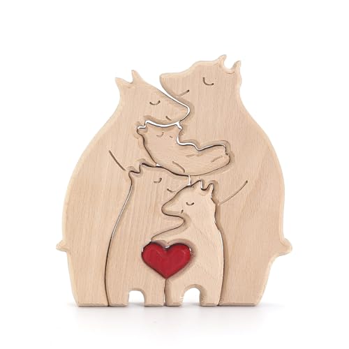 Reheyre Personalisiertes Holz-Bär-Puzzle, kreatives Umarmungsbär-Familienpuzzle mit rotem Herz, Thanksgiving für Familie E von Reheyre