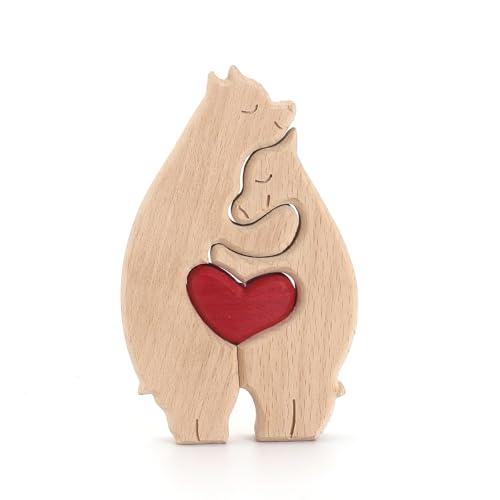 Reheyre Personalisiertes Holzbär-Puzzle, kreatives Umarmungsbär-Familienpuzzle mit rotem Herz, Thanksgiving für Familie A von Reheyre