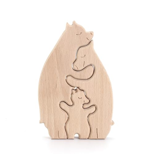 Reheyre Personalisiertes Holzbär-Puzzle, kreatives Umarmungsbär-Familienpuzzle mit rotem Herz, Thanksgiving für Familie B von Reheyre
