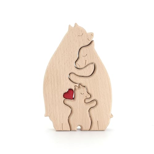 Reheyre Personalisiertes Holzbär-Puzzle, kreatives Umarmungsbär-Familienpuzzle mit rotem Herz, Thanksgiving für Familie C von Reheyre