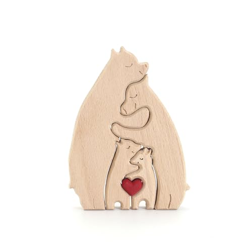 Reheyre Personalisiertes Holzbär-Puzzle, kreatives Umarmungsbär-Familienpuzzle mit rotem Herz, Thanksgiving für Familie D von Reheyre