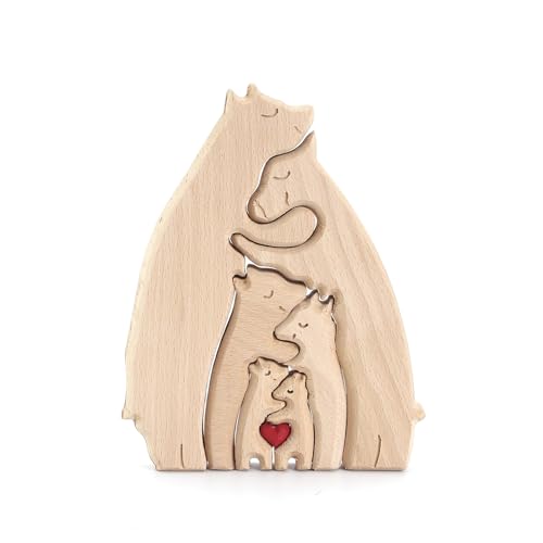 Reheyre Personalisiertes Holzbär-Puzzle, kreatives Umarmungsbär-Familienpuzzle mit rotem Herz, Thanksgiving für Familie F von Reheyre