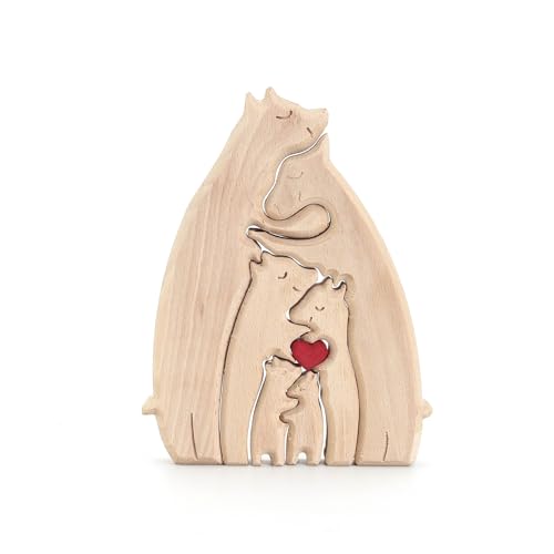 Reheyre Personalisiertes Holzbär-Puzzle, kreatives Umarmungsbär-Familienpuzzle mit rotem Herz, Thanksgiving für Familie G von Reheyre