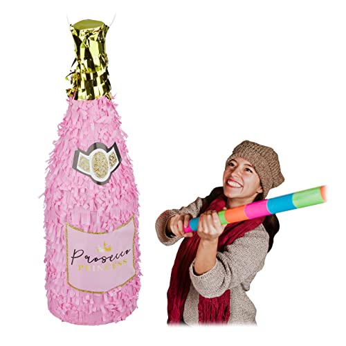 2 x Pinata Sektflasche, Geburtstagspinata, Champagner Pinata zum Aufhängen, Prinzessin, Piñata zum Befüllen, rosa-gold von Relaxdays