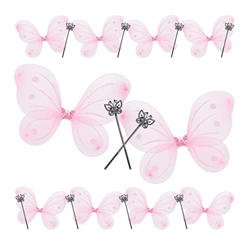 Relaxdays 10 x Feenflügel mit Zauberstab, Fee Kostüm Kinder, Flügel & Zepter, Glitzer, Mädchen, Feenset, pink & silber von Relaxdays