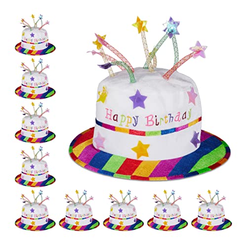 Relaxdays 10 x Happy Birthday Hut Torte, Geburtstagshut mit Kerzen, Partyhut Geburtstagstorte, Plüschhut Party, weiß & bunt von Relaxdays