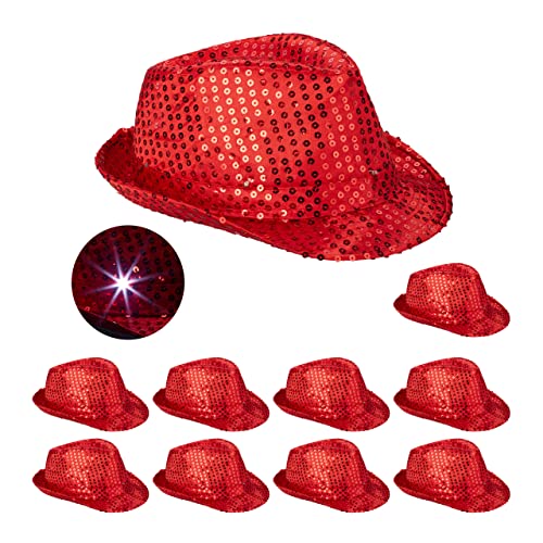 Relaxdays 10 x Pailletten Hut, 6 blinkende LEDs, mit Glitzer, Männer & Frauen, JGA, Fasching, Partyhut, Einheitsgröße, rot von Relaxdays