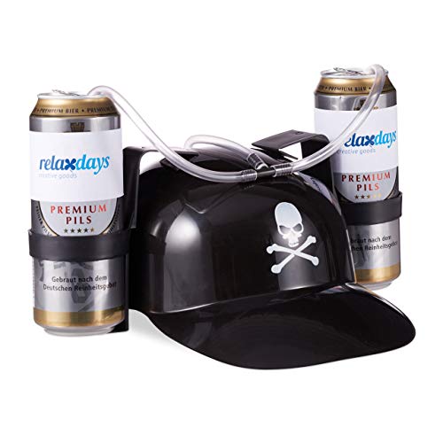 Relaxdays 10 x Trinkhelm Pirat, Helm mit Schlauch, für 2 Dosen Bier, Karneval Spaß Partyartikel, Totenkopf Bierhelm, schwarz von Relaxdays