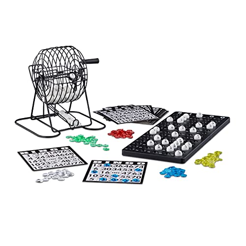Relaxdays 10021014 Bingo Spiel mit Metalltrommel HxBxT: 20 x 17,5 x 21,5 cm Bingotickets, Loskugeln, Chips, Spielbretter, schwarz von Relaxdays