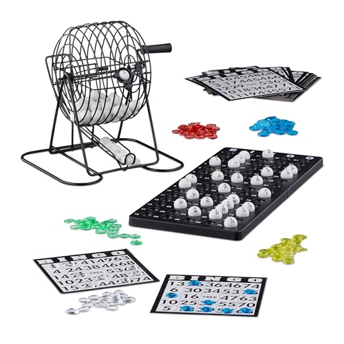 Relaxdays 10021014 Bingo Spiel mit Metalltrommel HxBxT: 20 x 17,5 x 21,5 cm Bingotickets, Loskugeln, Chips, Spielbretter, schwarz von Relaxdays