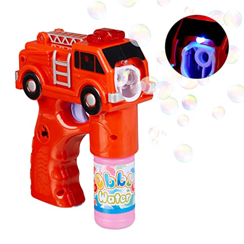 Relaxdays LED Seifenblasenpistole Feuerwehr, batteriebetrieben, mit Seifenblasen Flüssigkeit, für Kindergeburtstag, rot von Relaxdays